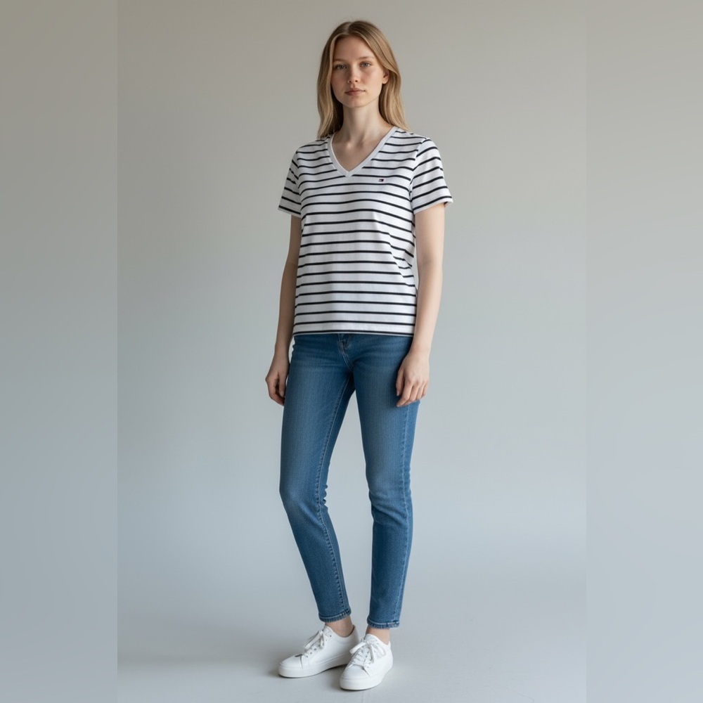 Tommy Hilfiger Striped V-Neck Women's Top XXL